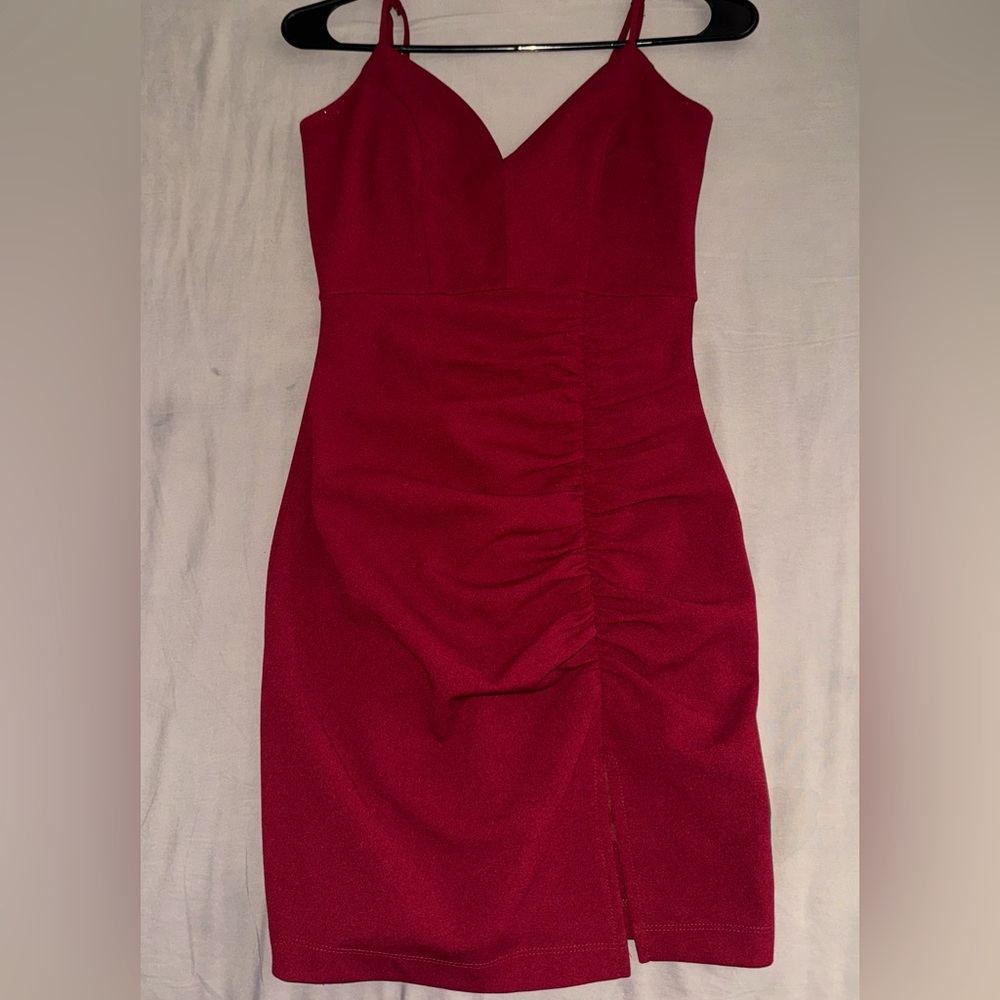Burgundy Ruched Side Mini Dress with Side Slit, Size Small